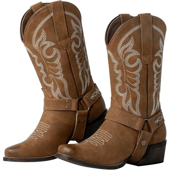 J's.o.l.e Women Brown Western Cowboy Boot Square Toe With Removable Buckle Strap - Picture 9 of 9